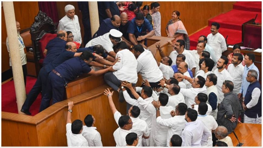 Chaos Erupts In Odisha Assembly As BJD MLAs Try To Climb Speaker`s Podium -WATCH