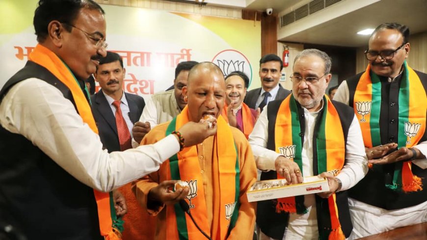 Yogi Adityanath Celebrates Outside BJP Office After UP Bypoll Results