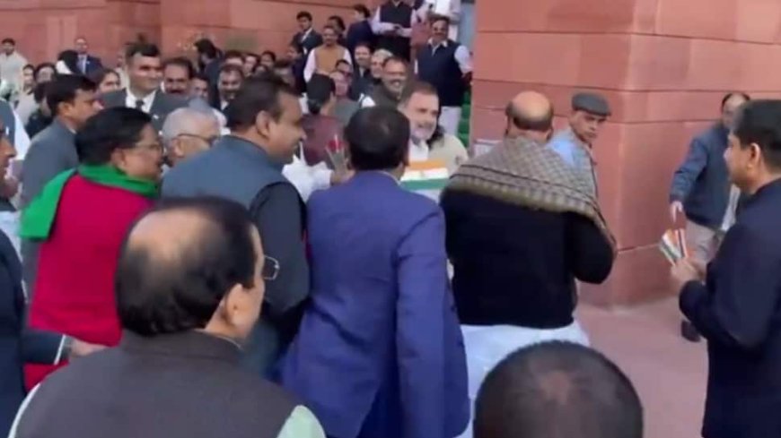 Watch: Rahul Hands Tricolour To Rajnath Singh Amid Oppn’s Tiranga, Roses Protest Over Adani Issue